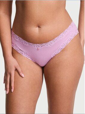 Victoria's Secret Cotton Shadow Stripe Lace-Waist Bikini Panty Pink (M) NWT!